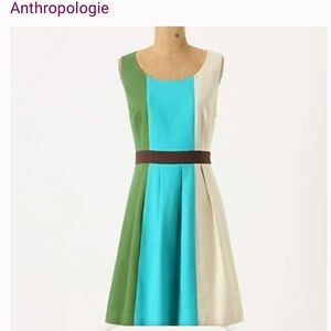 Anthropologie Tabitha size 6 Green & Blue Pleated Cotton Color-block Mini Dress
